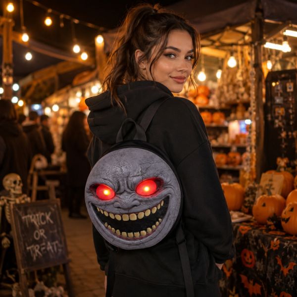 Creepy Monster Face LED Backpack with Glowing Red Eyes, Realistic Cracked Stone Texture, Circular Halloween Cosplay Bag for Party, Trick-or-Treat, and Scary Costume Fans