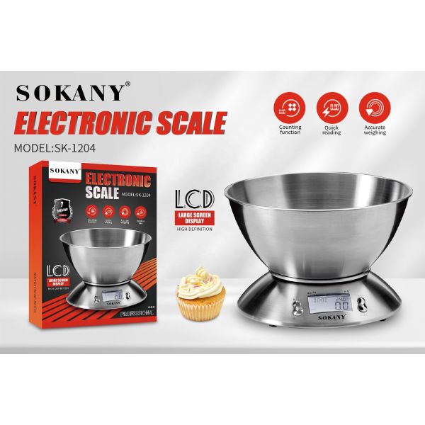 Báscula de cocina electrónica Sokany 1204 con pantalla digital, acero inoxidable 304, para alimentos, para cocinar/panadería, 15.9*3*21cm
