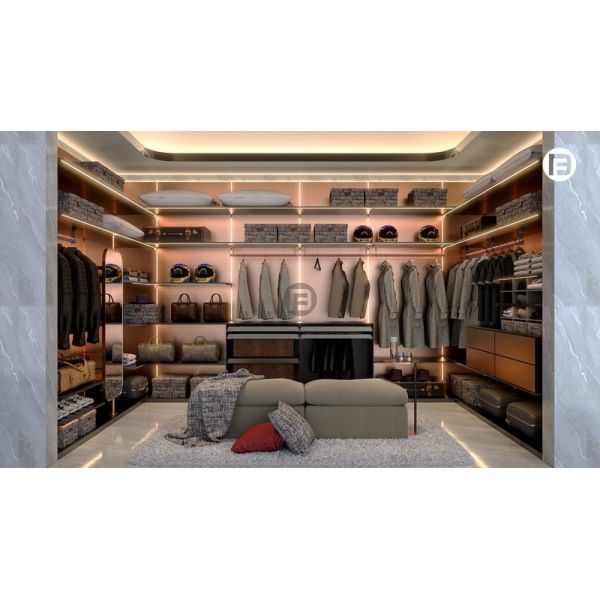 Armoire en acier inoxydable en forme de U en or rose avec éclairage ambiant