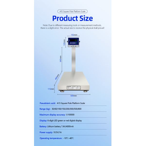 Weighing A1S Square Pole Industrial Platform Scale 60cm*80cm Stainless Steel Waterproof