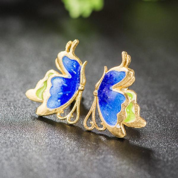 Women Fashion Blue Enamel Sterling Silver Stud Earrings with 18K Gold Plated (E6050603)