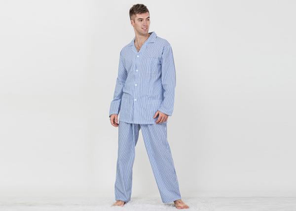 Blue Striped Style Mens Luxury Sleepwear / Mens Long Sleeve Pjs Fashion Design
