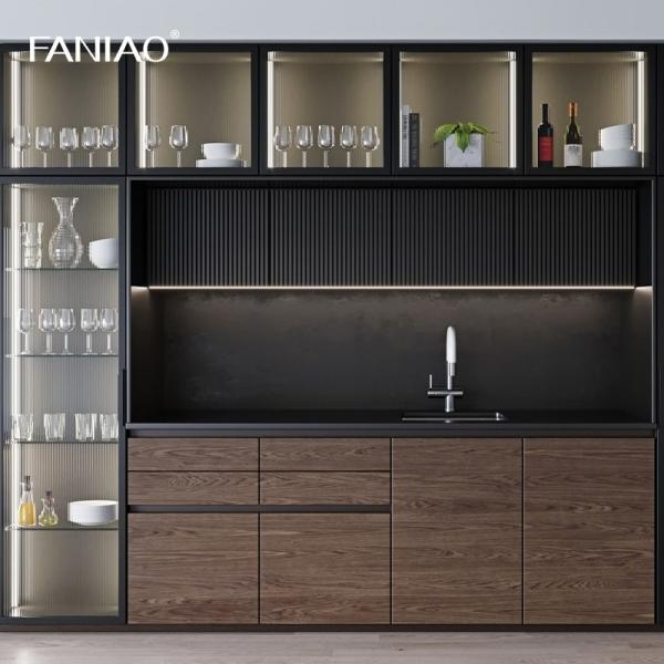 Modern Simple Design Glass Door Kitchen Furniture Popular Luxury Wood Grain Kitchen Cabinets For Villa