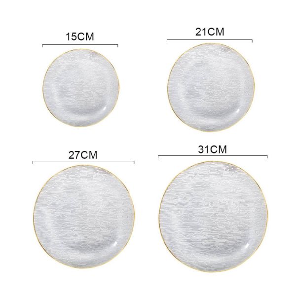 Platos de vidrio texturizado con borde dorado | Venta al por mayor a granel | Servicio OEM | Suministro para bodas/hoteles | Cumplimiento rápido