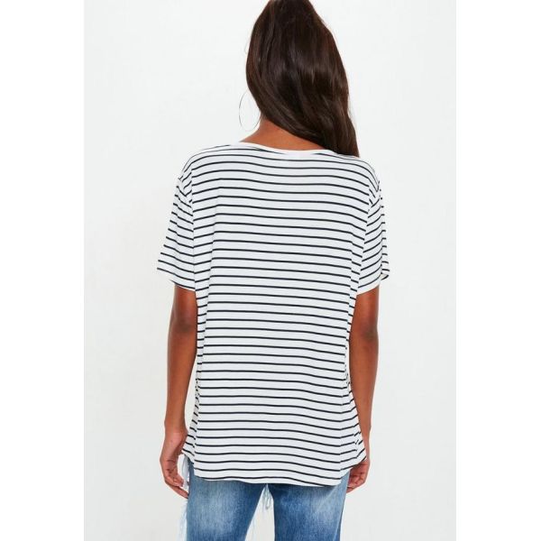 White and Navy Striped V Neck Boyfriend Clothing T Shirt Women