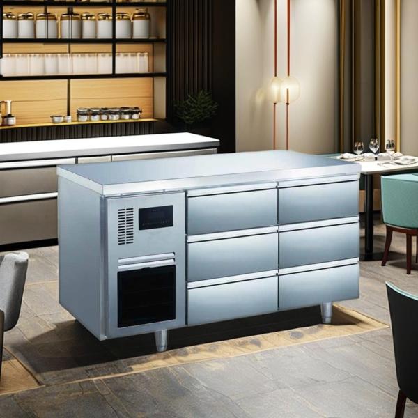 2025 Nouveau banc de cuisine en acier inoxydable à 6 portes durable facile à nettoyer avec éclairage LED contrôle de température numérique refroidisseur d'air