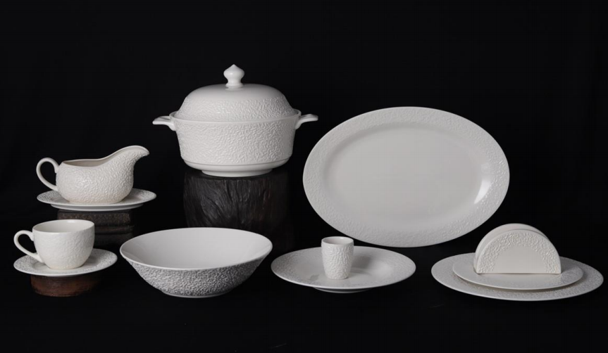 new bone china - round embossed dinning set  white glaze for daily used ceramics