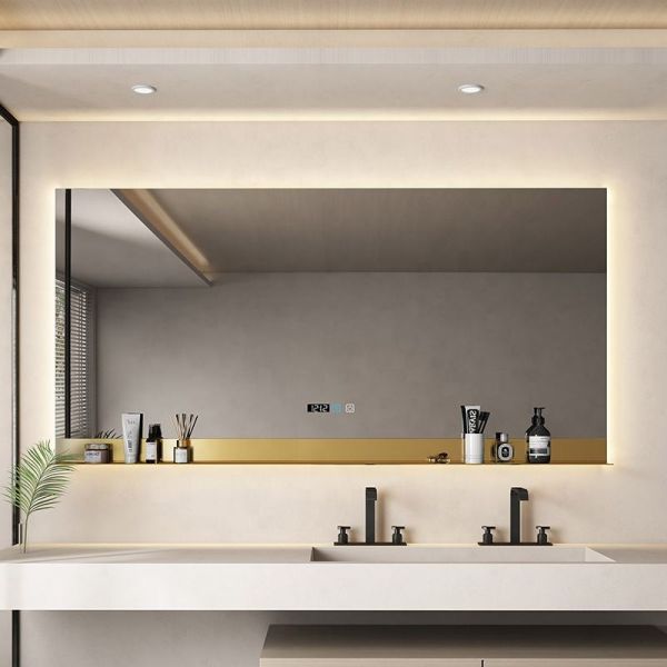 Kingstin Frameless Bathroom Mirror with Aluminum Shelf Wall Mounted Vanity Mirror Custom Size Modern Minimalist