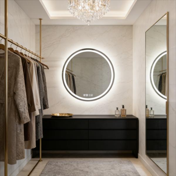 Kingstin Modern Frameless Round LED Smart Mirror | Anti-Fog & Custom Time Display | Luxury Stainless Steel Bathroom Vanity