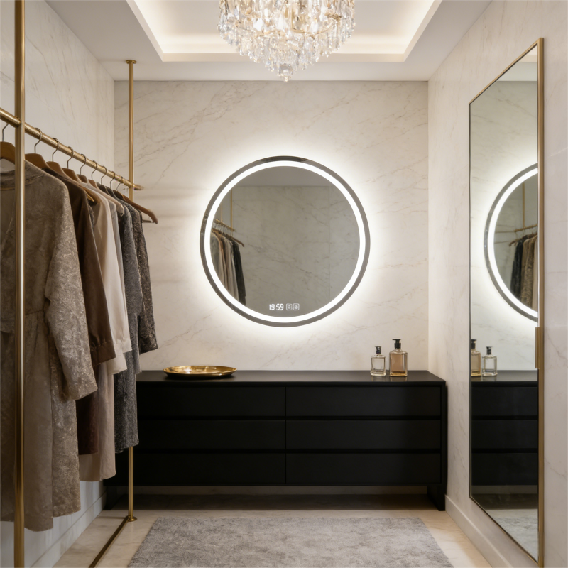 Kingstin Modern Frameless Round LED Smart Mirror | Anti-Fog & Custom Time Display | Luxury Stainless Steel Bathroom Vanity