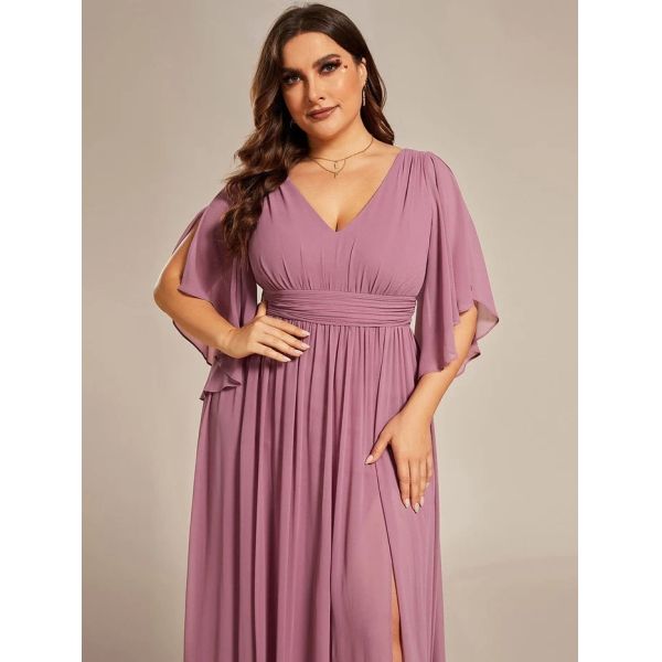 Plus Size A-line Half Sleeves V-neck Ruffled High Slit Purple Orchid Chiffon Evening Dress