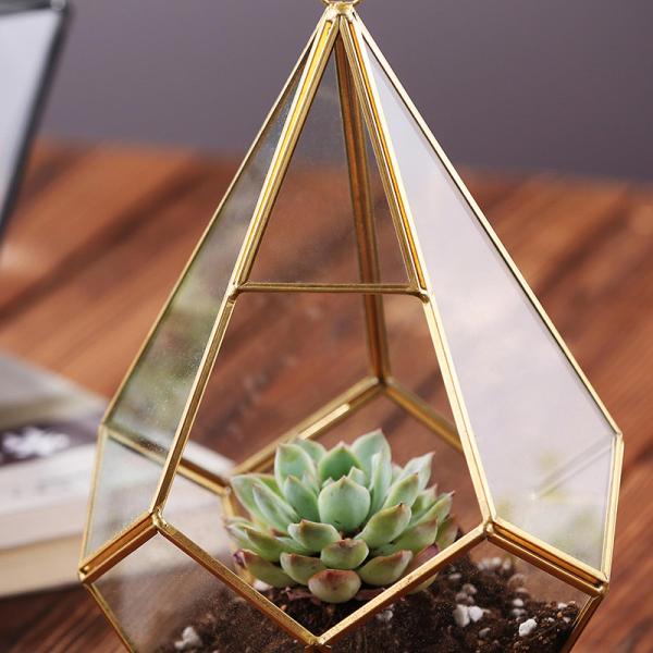 Do ouro suculento de vidro do preto da planta de Homeware da flor Terrarium de vidro geométrico de suspensão
