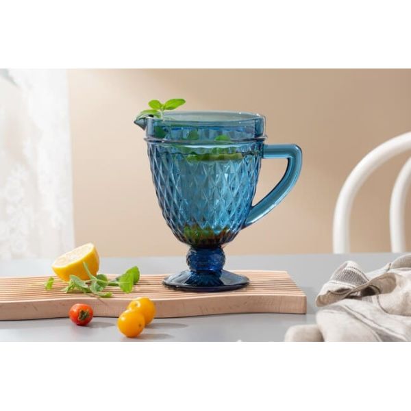 Blue Lead Free Pressed Glass Pitcher 1100ml 20cm Height Water Carafe With Spout