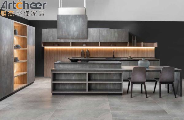 E0 Grade Material Armários de cozinha com Grão escuro Marmore Look Finish E Ilha Mesa