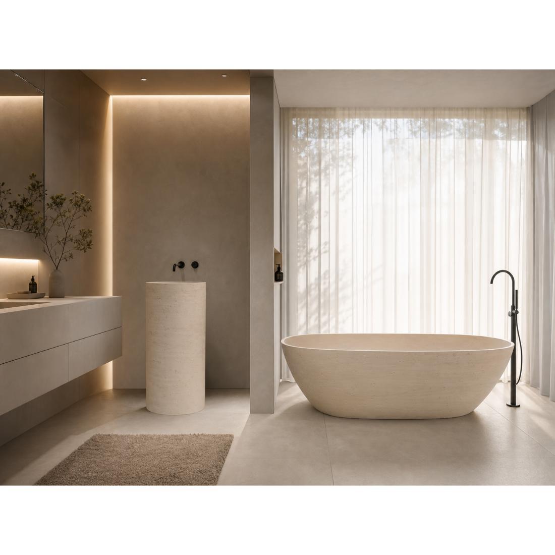 Beige Travertine Bath Sanitary Ware Solid Surface Freestanding Pedestal Tub