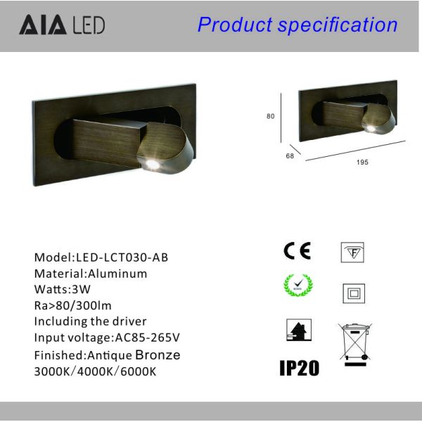Modern recessed mounted led headboard wall light/hotel led wall reading light/led bed wall lamp