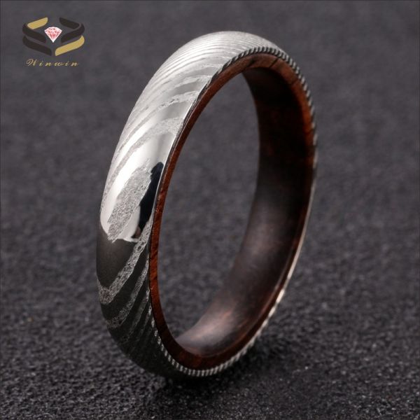 Stylish 4mm Damascus Steel and Rosewood Inner Wedding Bands for Newlywed Couples