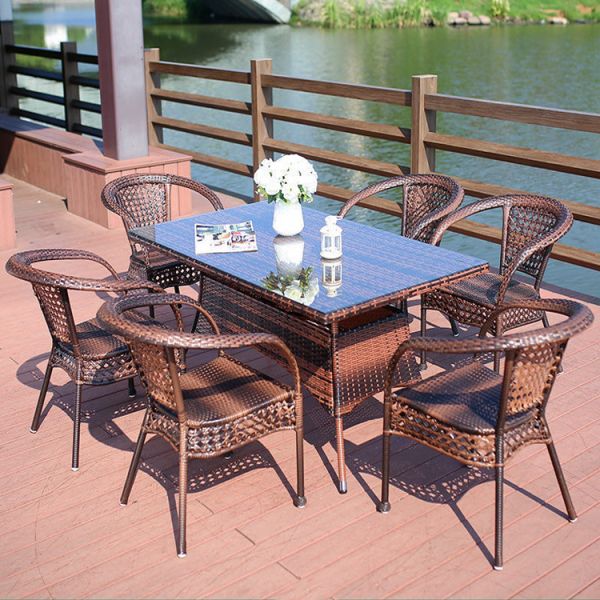 Outdoor Garden Balcony Stackable Armchair and Wicker Dining Table Set for Leisure