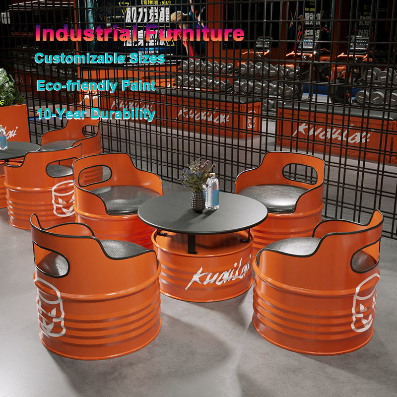 Durable Iron Frame Industrial Bar Furniture with Premium PU Leather and Customizable Colors Oil Drum Table and Chair