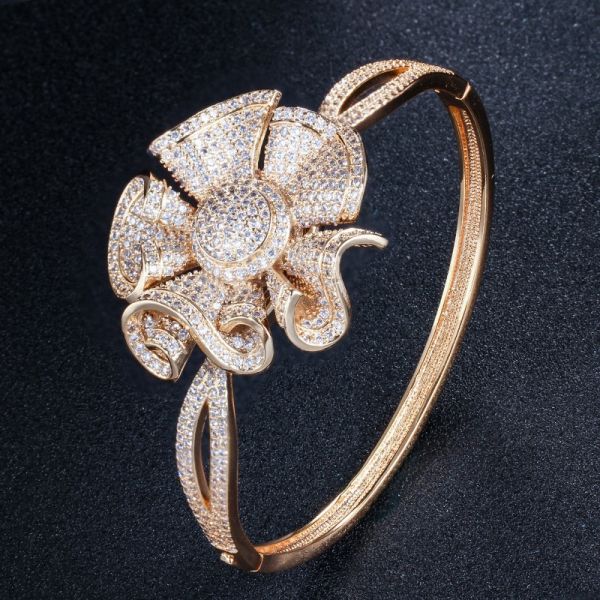 Flower Cubic Zirconia Bangle CZ Zircon Crystal Flower Bracelets for Women Wedding Bridal Bracelets Jewelry