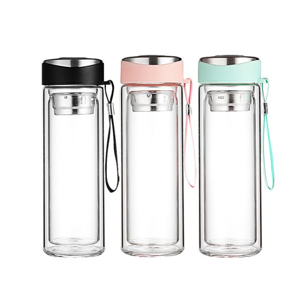 320ML Double Walled Glass Water Bottle with Infuser in Pink Customized Logo Acceptable