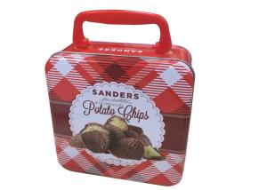 Attractive Square Handle Lunch Tin Box , Biscuit Packing Metal Tin Containers