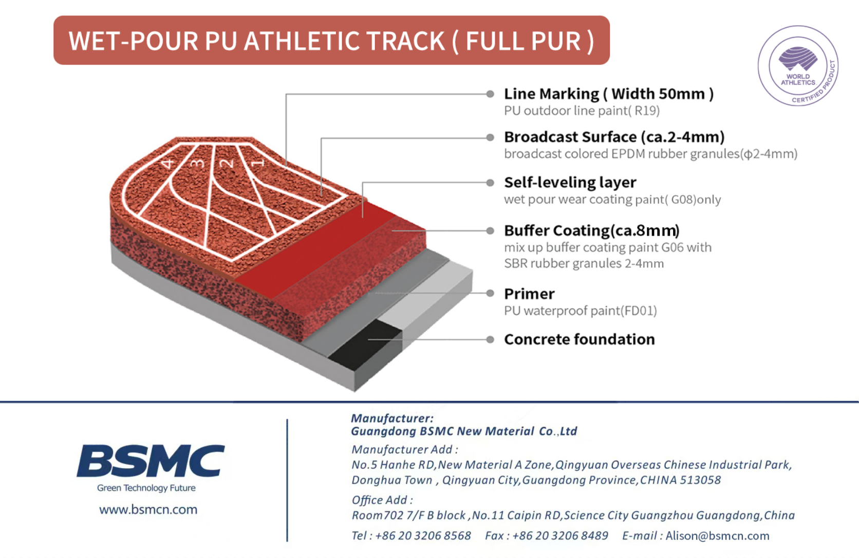 High Shock Absorption World Athletics Certified 13mm Hybrid System Running Track System Bset Performance Track and Field for Stadium