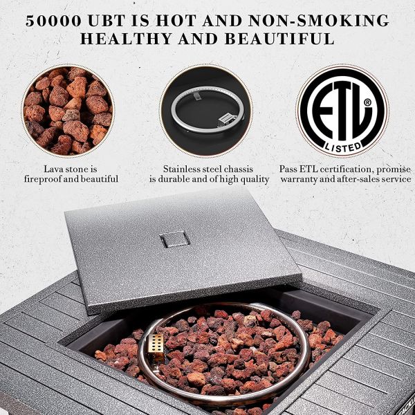 Square 50,000 BTU Self-Ignition Propane Outdoor Natural Gas Firepit Silver Gray