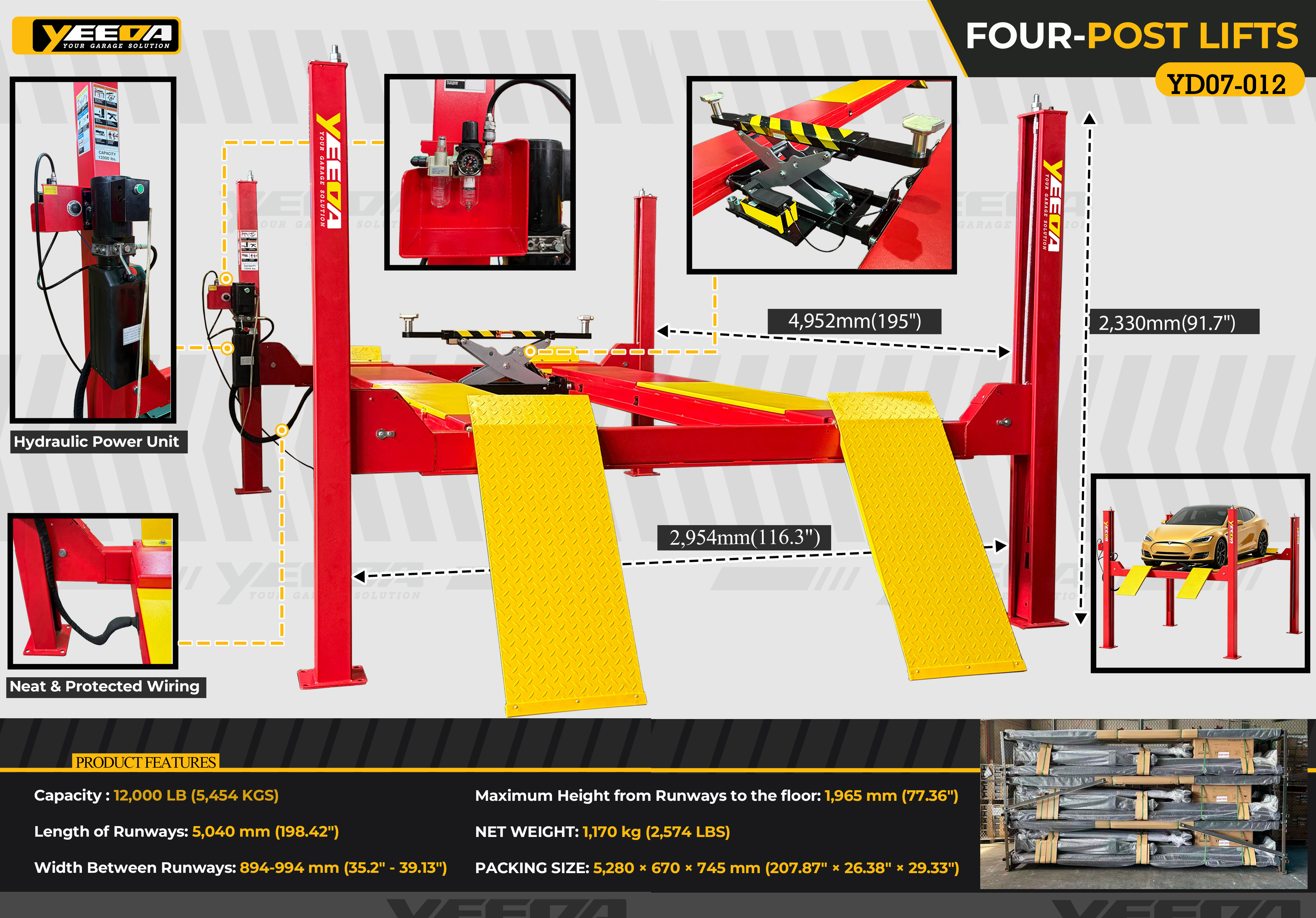 Four-Post Vehicle Lift with 12000LB Capacity Hydraulic Power Unit and 198.42