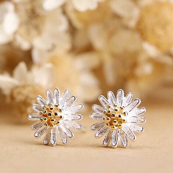 Two Tone Silver Plated Daisy Flower Stud Earrings Korea Style Fashion Jewelry(EESTUD05)