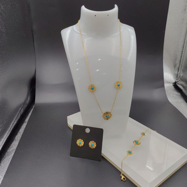 Newest Gold Color Stainless Steel Earring ,Necklace , Bracelet Sets With Green