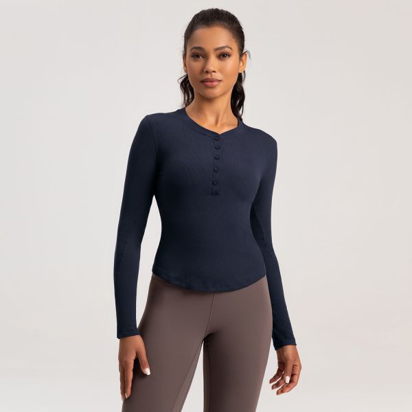 Women's Ribbed Knit Long Sleeve Henley Top - Dusty Pink, Slim Fit, Soft Stretch Fabric for Yoga, Gym & Casual Wear, Button-Down Neckline