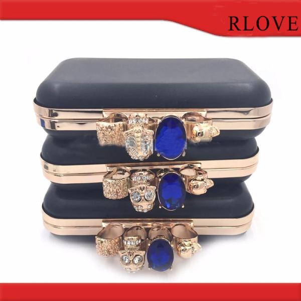 High quality rectangle shape gold diamond decorative lock plastic box metal clutch frame
