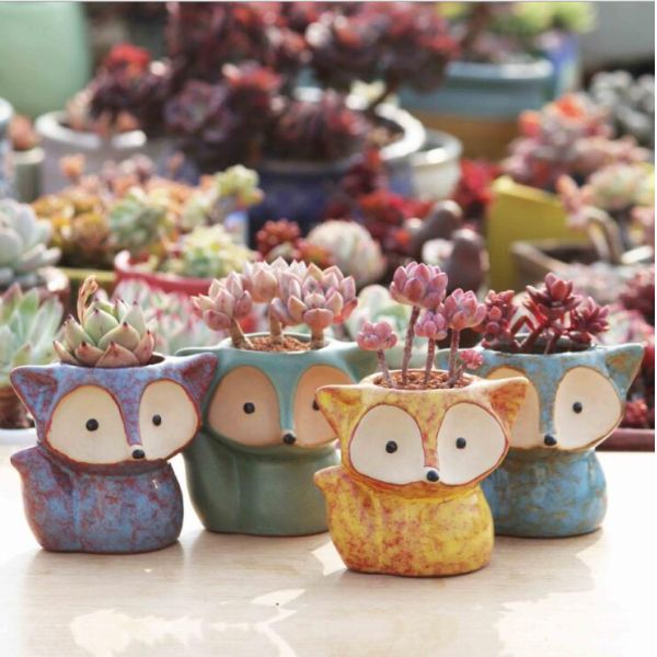 Cartoon Cute Mini Desktop fox shaped Ceramic Animal Pot Succulent Planter
