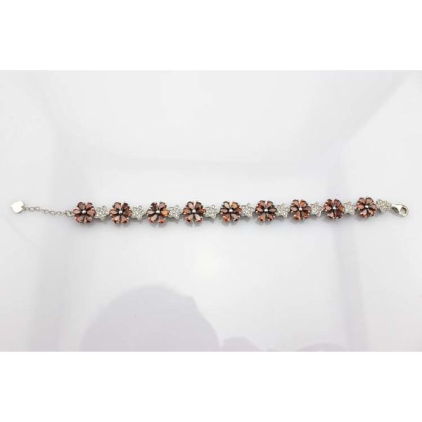 Sterling Silver Link Flower Garnet Cubic Zircon Tennis Bracelet(B01RED)