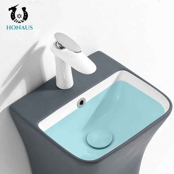 Self Cleaning Glaze Black Pedestal Sink Vertical Column Porcelain Pedestal Basin