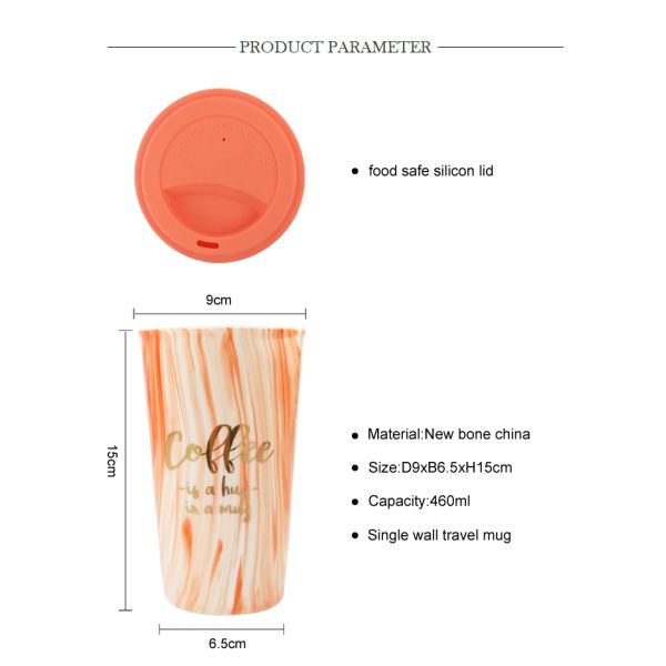 Single Wall Porcelain Travel Mug Food Grade Safe Silicon Lid Orange Glazed