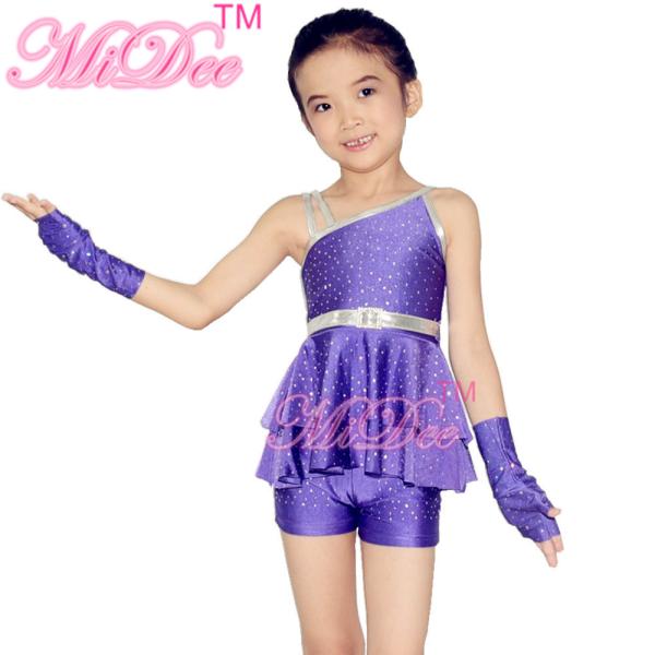 Diagonal Neck Kids Dance Costumes Pink Blue Red Confetti Spandex Outfits