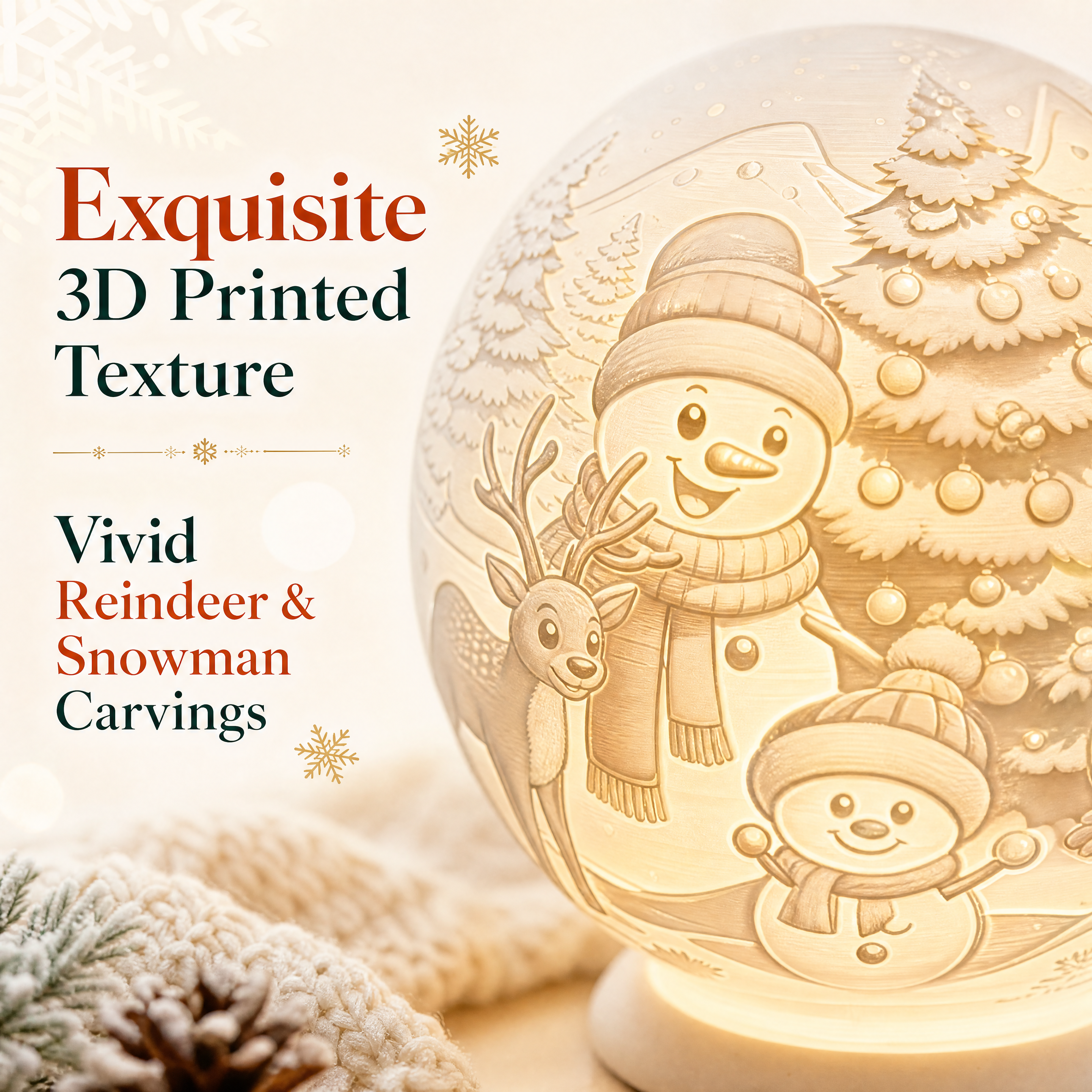 Christmas Snowman Relief Sphere Lamp 3D Printed Art Ornament for Holiday Table Decoration