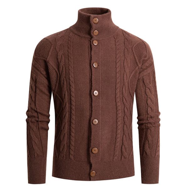 2024 Men's Stand Collar Cardigan Sweater Turtleneck Youth Fastener Decoration Sweater