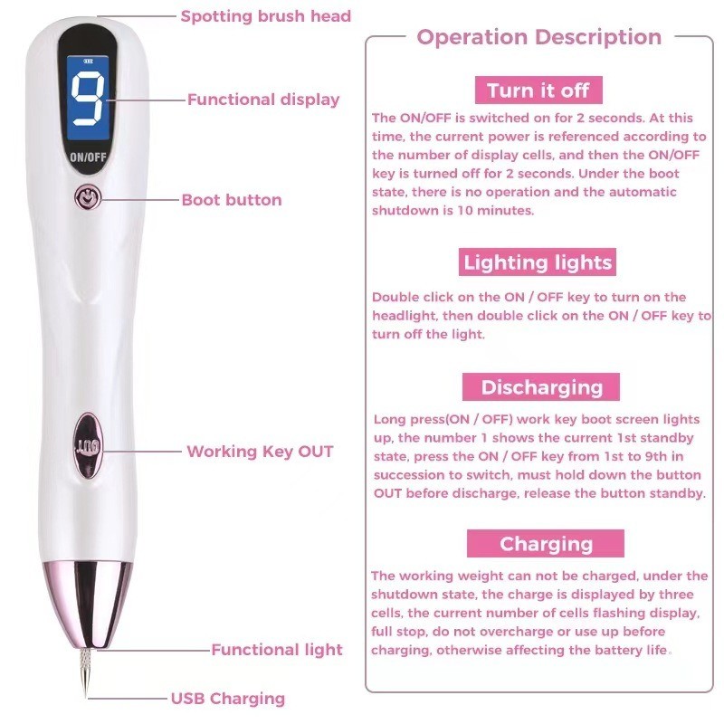1-9 Power Intensity Levels Electric Beauty Freckle Removing Pen with Laser Technology