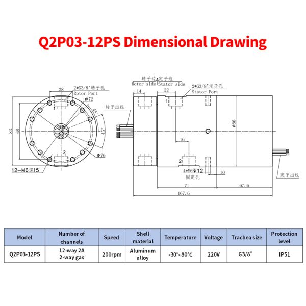 2-Channel Pneumatic and 12-Channel Electrical Slip Ring for Rotary Worktables with 200rpm Speed