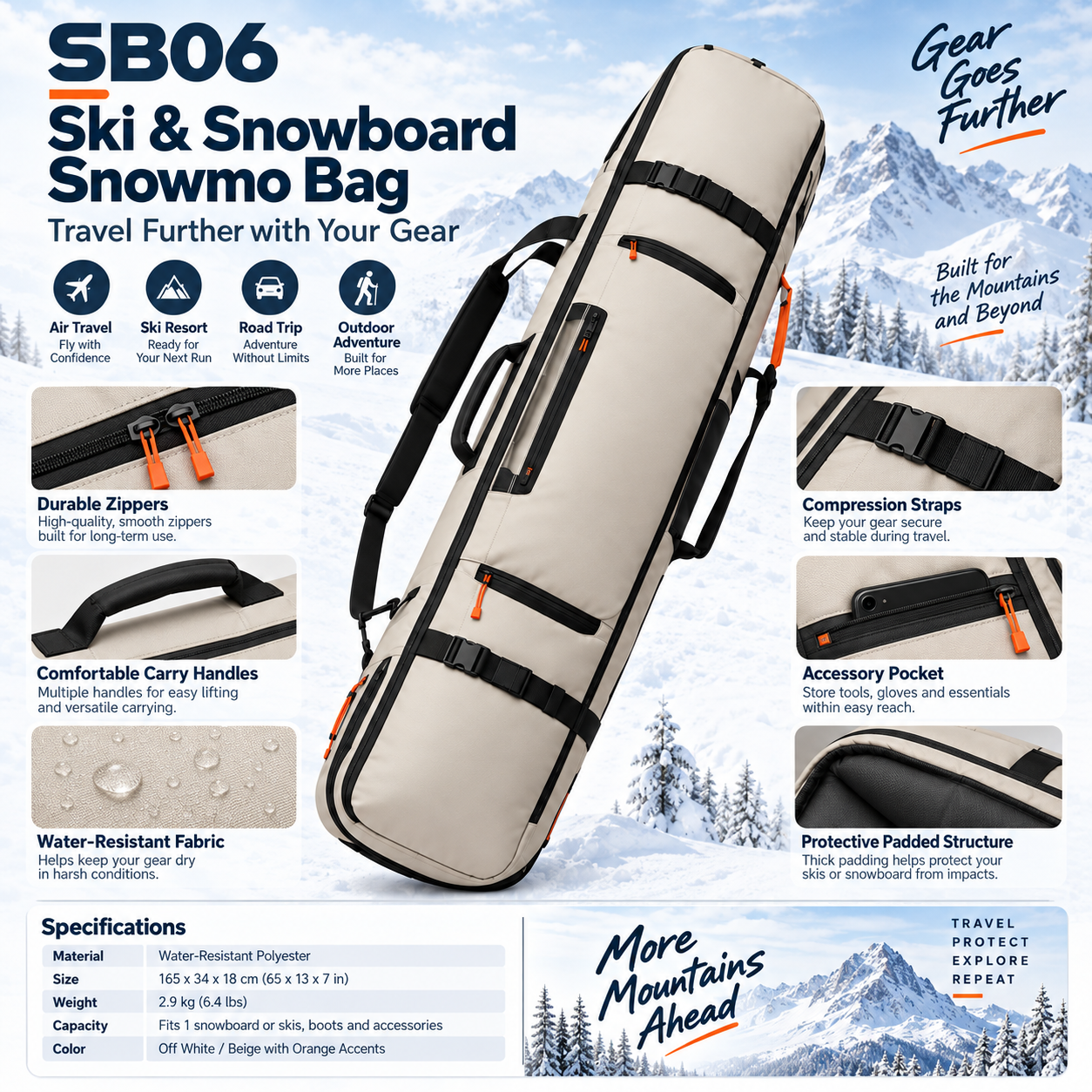 OEM ODM Ski & Snowboard Combo Bag Manufacturer – Padded Waterproof Travel Bag for Skis, Snowboard & Winter Gear with Compression Straps, Carry Handles and Accessory Pockets