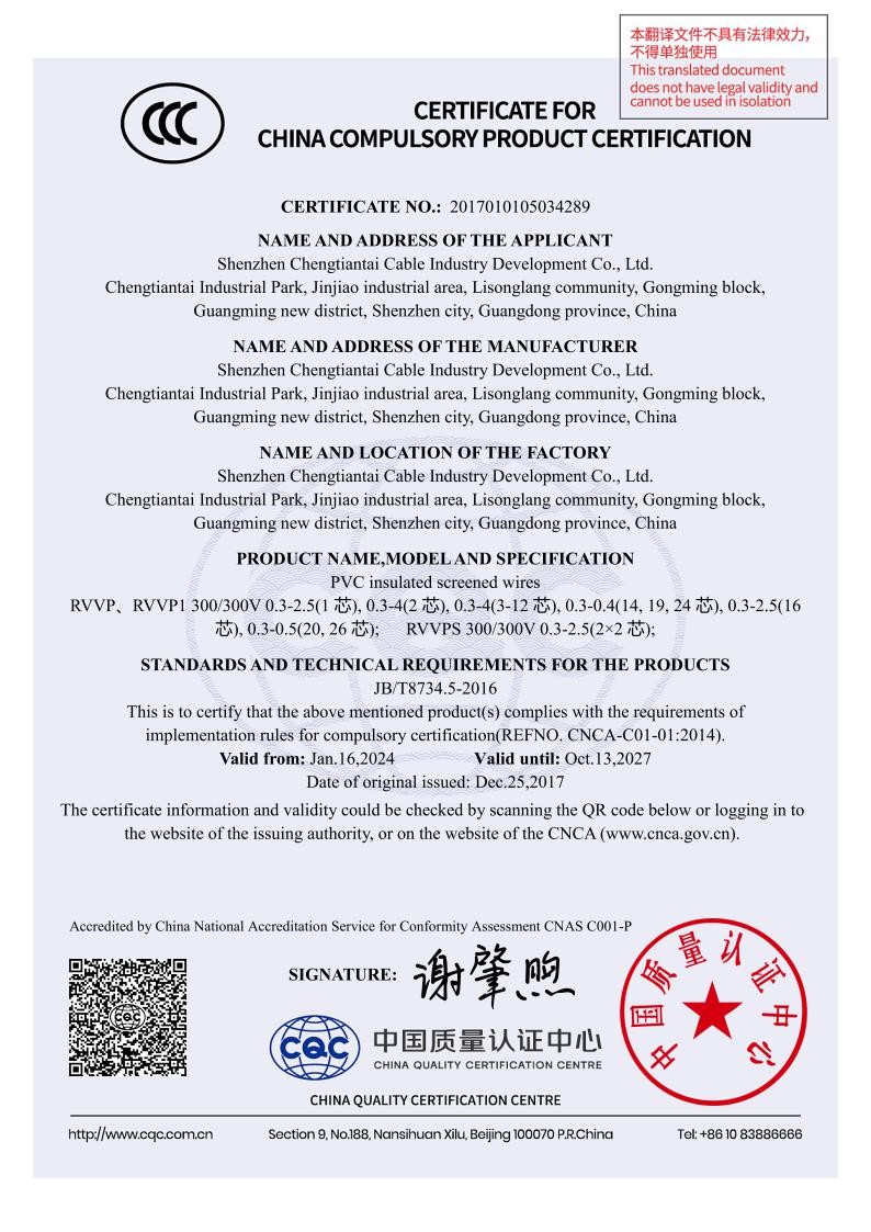 Shenzhen Chengtiantai Cable Industry Development Co.,Ltd Сертификации