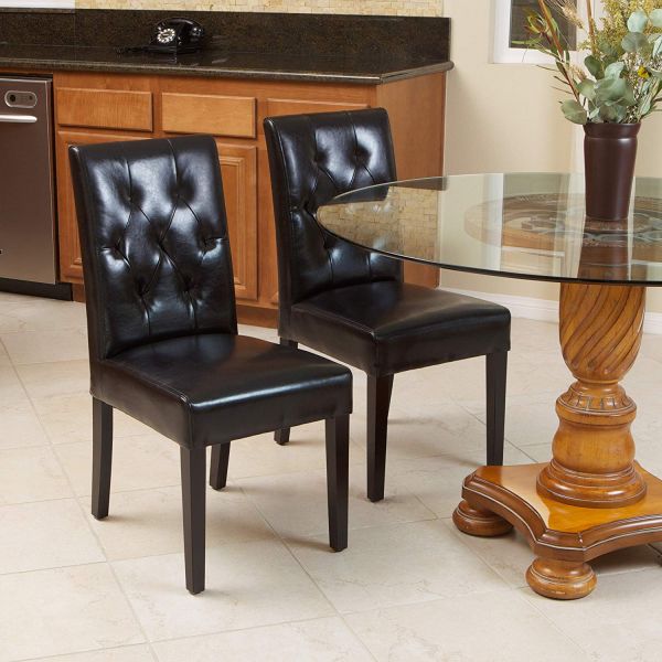Black Leather Dining Room Chairs W / Tufted Backrest Modern Home Furniture Party
