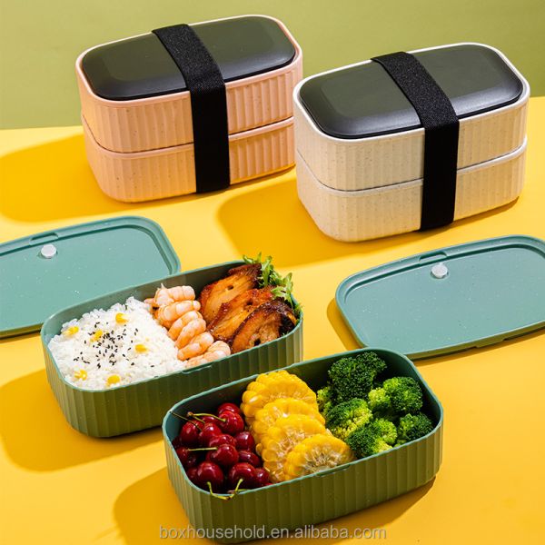 Portable Dual Tier Eco-Friendly Banana Leaf Design BPA-Free Lunch Box with Cutlery Lid