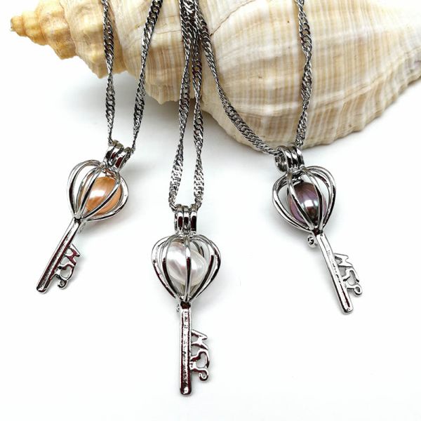 Antique Silver Key Locket Cage Charms Necklaces Pendants with 6-7mm Rice Shape Real Freshwater Pearl