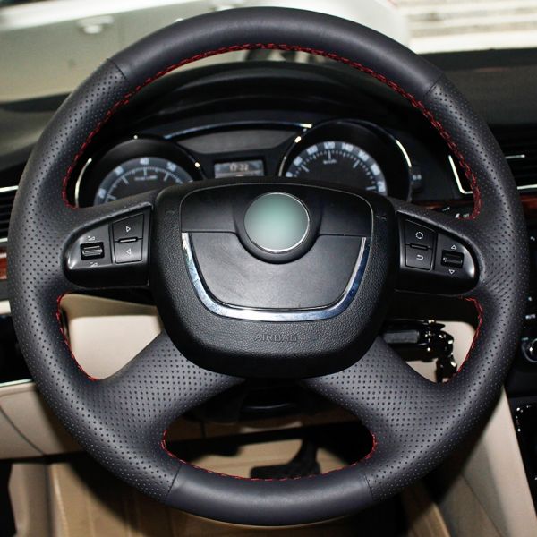 Red Thread Steering Wheel Cover for Skoda Superb 2012 2013 Customized Sports Design
