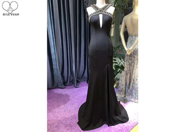 Unique Black Mermaid Style Prom Dress ,  Sleeveless Beaded Ball Gown Top Hollow
