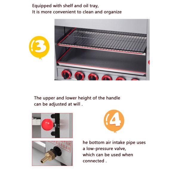 6 Горящий газовый инфракрасный саламандр Грилл Печь подъемник для пищевой промышленности